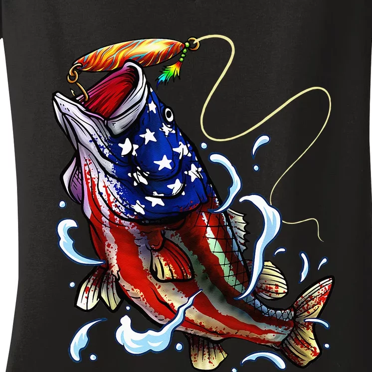 Bass Fishing Fish American Flag Dad Father Fourth Of July Women's V-Neck T-Shirt