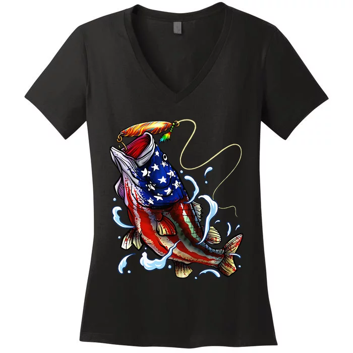 Bass Fishing Fish American Flag Dad Father Fourth Of July Women's V-Neck T-Shirt