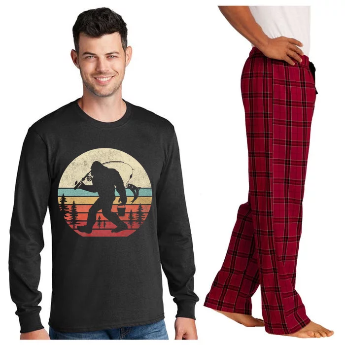 Bigfoot Fishing Funny Retro Sasquatch Dad Long Sleeve Pajama Set