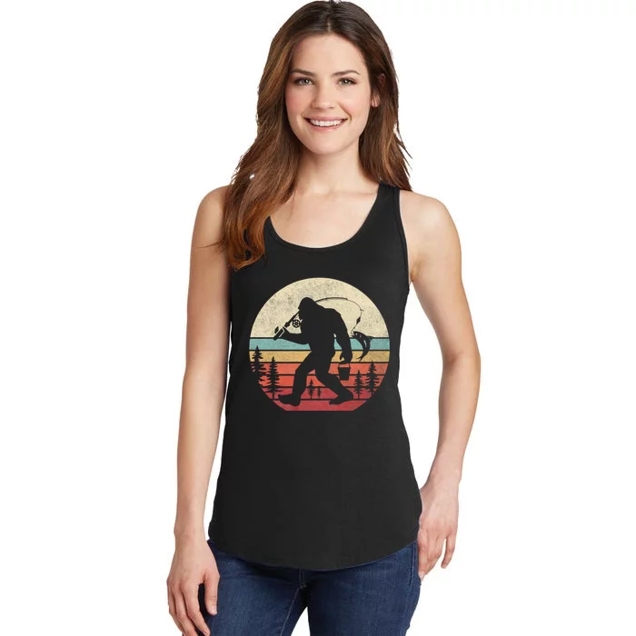 Bigfoot Fishing Funny Retro Sasquatch Dad Ladies Essential Tank