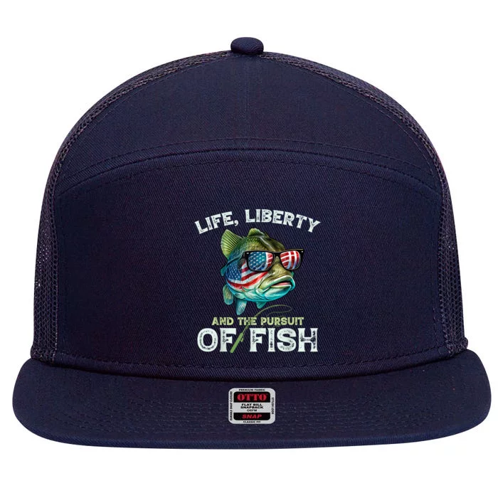 Bass Fish Fishing 4th Of July Fourth American Flag Bass Dad 7 Panel Mesh Trucker Snapback Hat