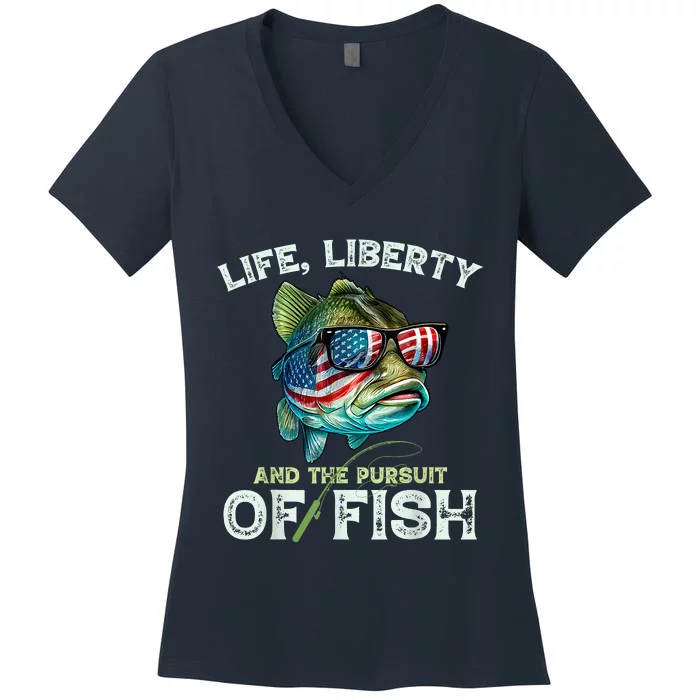 Bass Fish Fishing 4th Of July Fourth American Flag Bass Dad Women's V-Neck T-Shirt