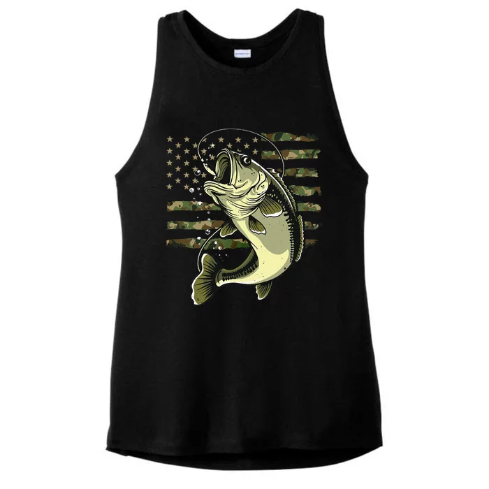 Bass Fish Fishing Usa American Flag Camouflage Fisherman Ladies Tri-Blend Wicking Tank