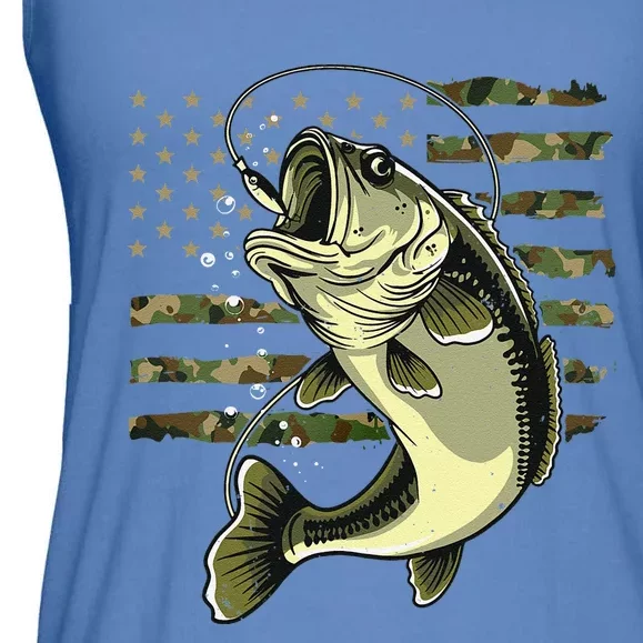 Bass Fish Fishing Usa American Flag Camouflage Fisherman Ladies Essential Flowy Tank