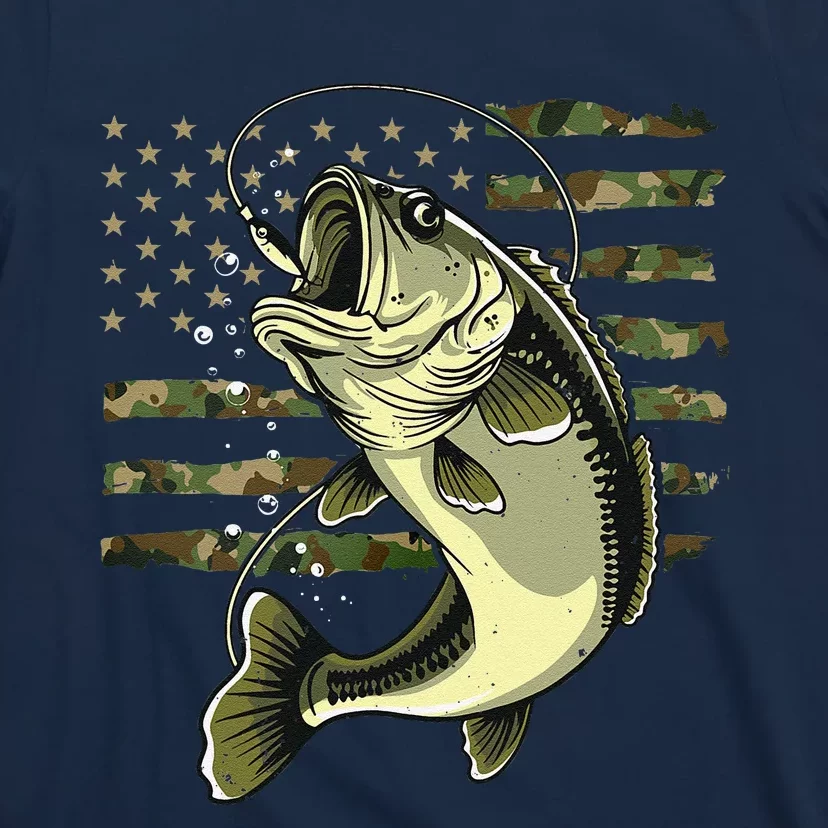 Bass Fish Fishing Usa American Flag Camouflage Fisherman T-Shirt