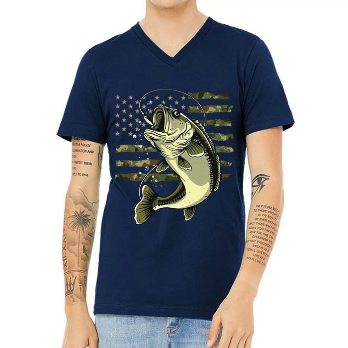 Bass Fish Fishing Usa American Flag Camouflage Fisherman V-Neck T-Shirt