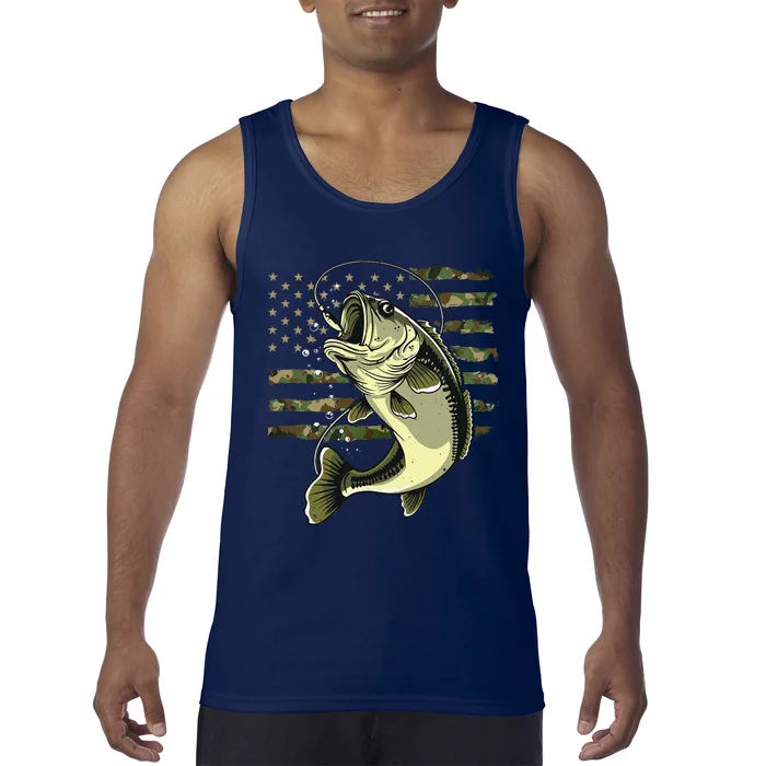 Bass Fish Fishing Usa American Flag Camouflage Fisherman Tank Top