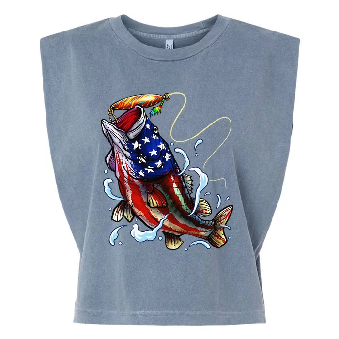 Bass Fishing Fish American Flag Dad Father Fourth Of July Garment-Dyed Women's Muscle Tee