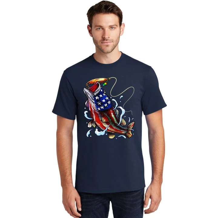 Bass Fishing Fish American Flag Dad Father Fourth Of July Tall T-Shirt