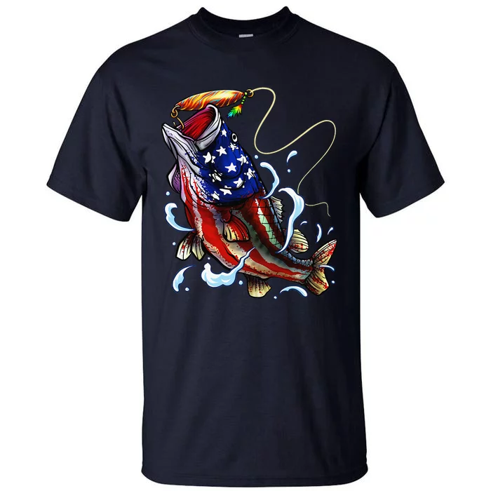 Bass Fishing Fish American Flag Dad Father Fourth Of July Tall T-Shirt