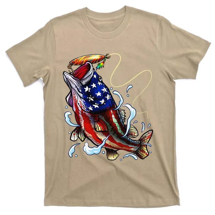 Bass Fishing Fish American Flag Dad Father Fourth Of July T-Shirt