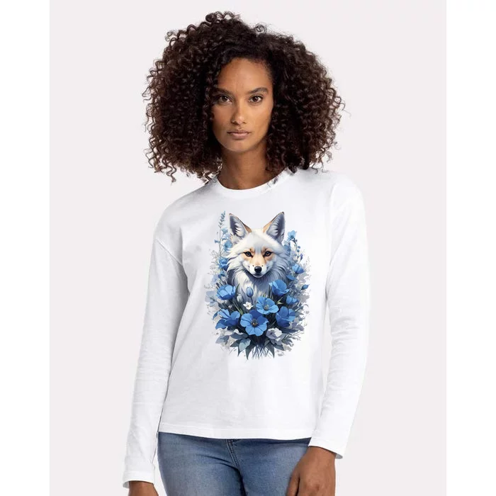 Blue Fox Flowers Womens Cotton Relaxed Long Sleeve T-Shirt