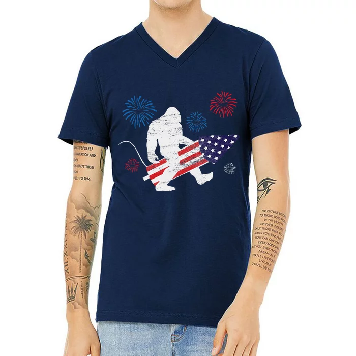 Bigfoot Fireworks Funny 4th Of July Sasquatch Patriotic V-Neck T-Shirt