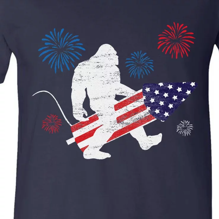 Bigfoot Fireworks Funny 4th Of July Sasquatch Patriotic V-Neck T-Shirt