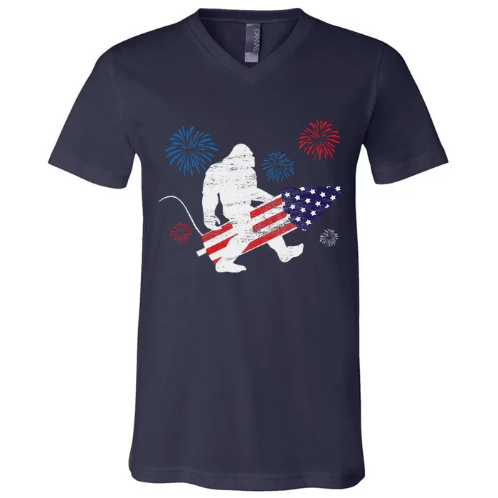 Bigfoot Fireworks Funny 4th Of July Sasquatch Patriotic V-Neck T-Shirt