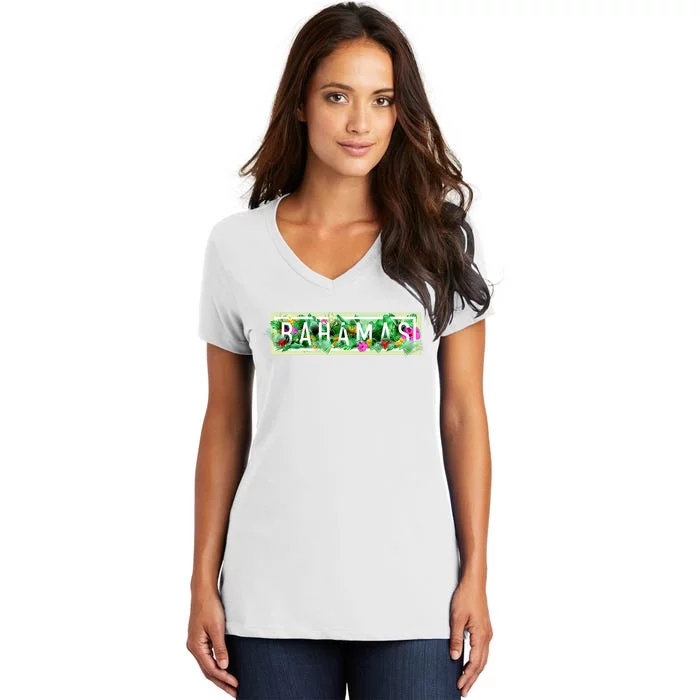 Bahamas Framed Floral Design Women's V-Neck T-Shirt