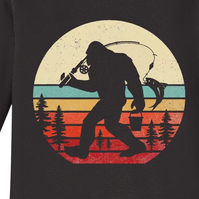 Bigfoot Fishing Funny Retro Sasquatch Dad Baby Long Sleeve Bodysuit