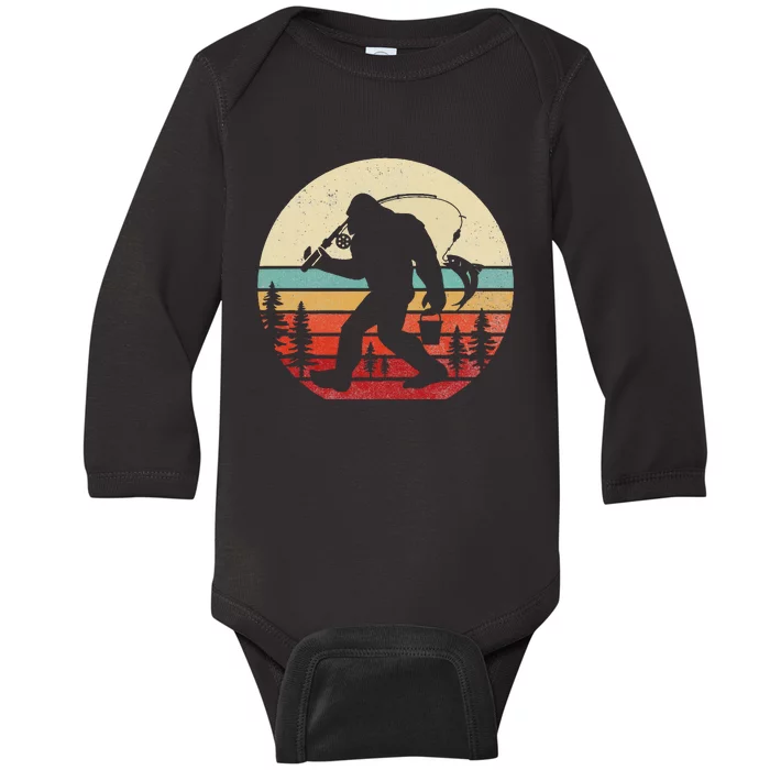 Bigfoot Fishing Funny Retro Sasquatch Dad Baby Long Sleeve Bodysuit