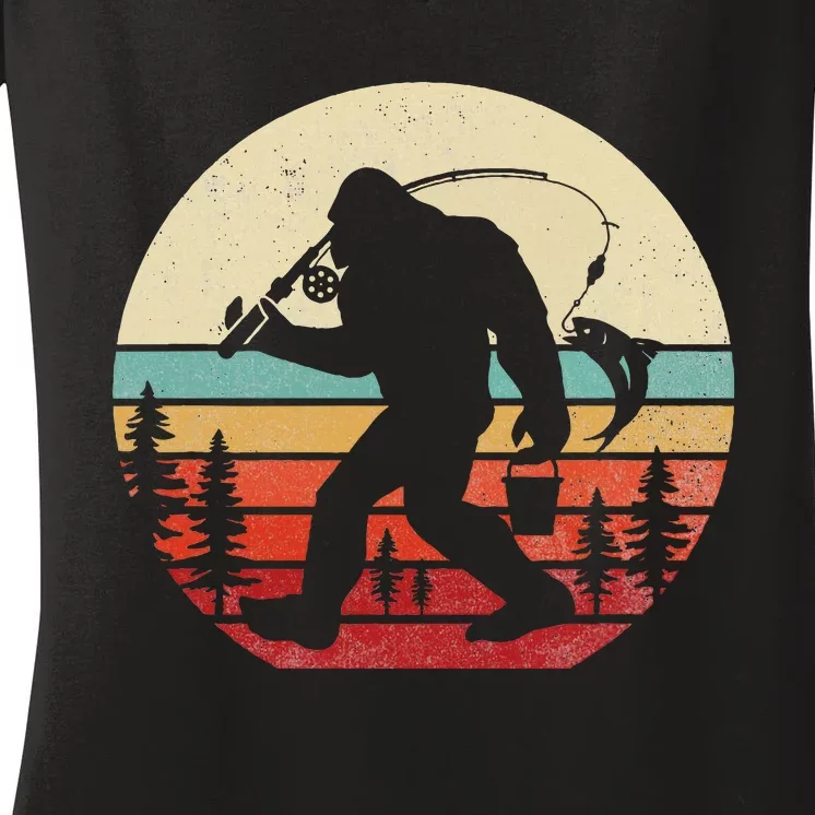 Bigfoot Fishing Funny Retro Sasquatch Dad Women's V-Neck T-Shirt