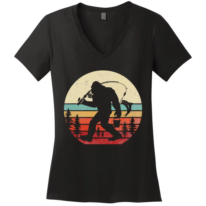 Bigfoot Fishing Funny Retro Sasquatch Dad Women's V-Neck T-Shirt