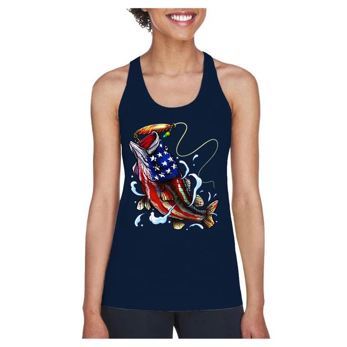 Bass Fishing Fish American Flag Dad Father Fourth Of July Women's Racerback Tank