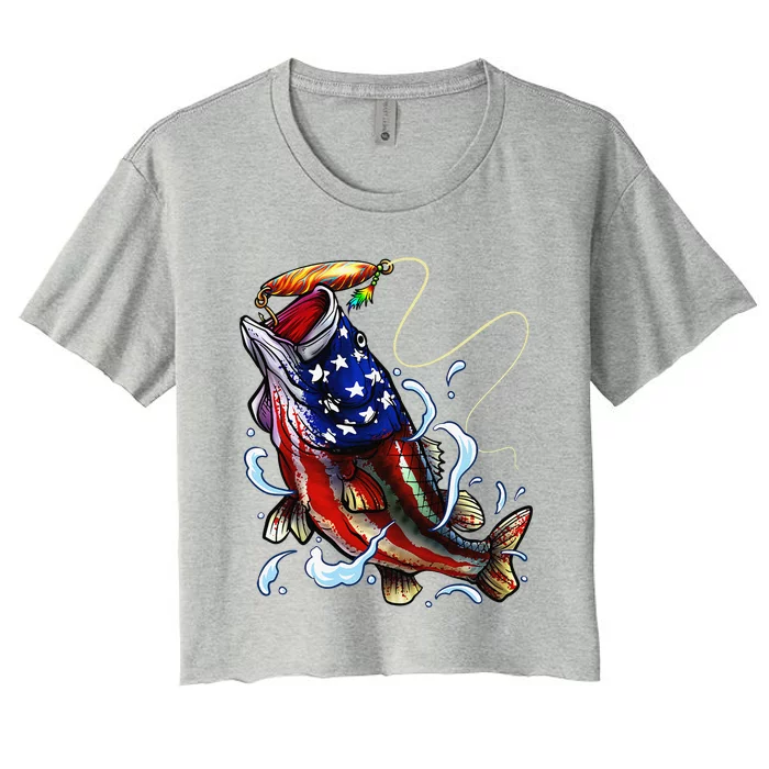 Bass Fishing Fish American Flag Dad Father Fourth Of July Women's Crop Top Tee