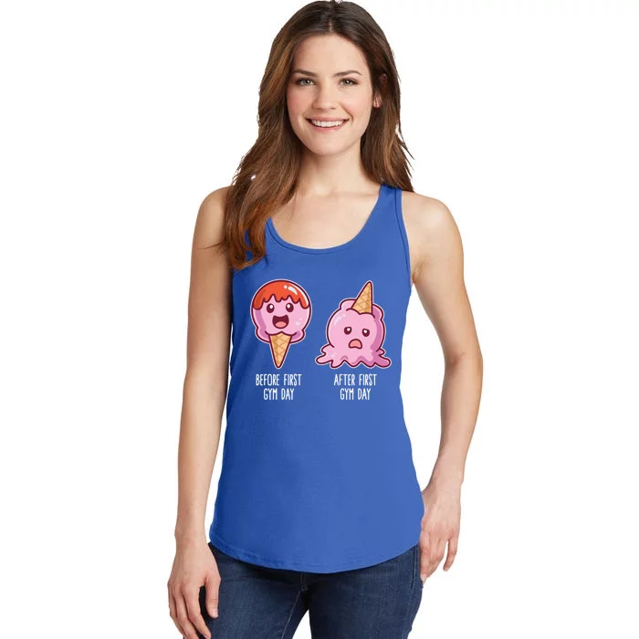 Before First Gym Day After First Gym Day Ice Cream Gift Ladies Essential Tank