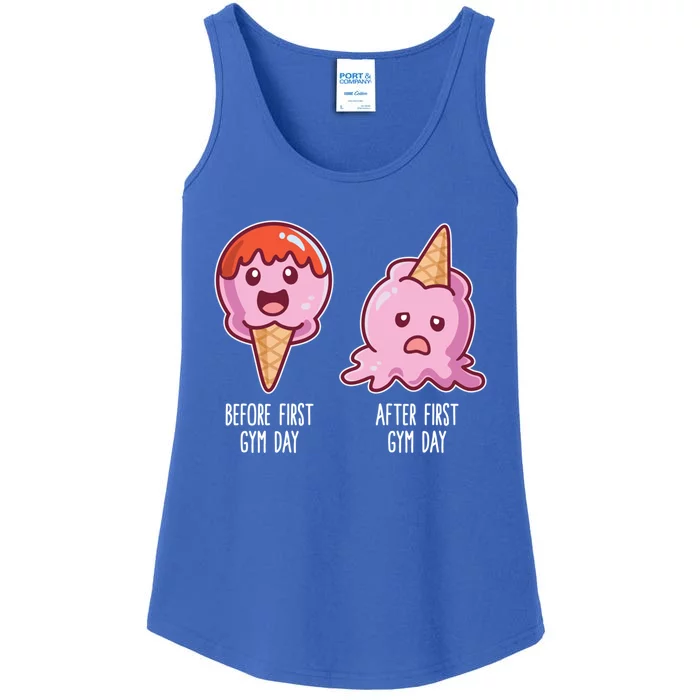 Before First Gym Day After First Gym Day Ice Cream Gift Ladies Essential Tank