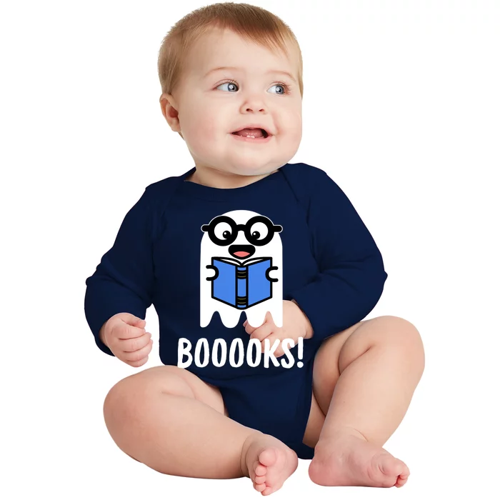 Booooks Funny Halloween Cute Ghost Reading Books Pun Gift Baby Long Sleeve Bodysuit