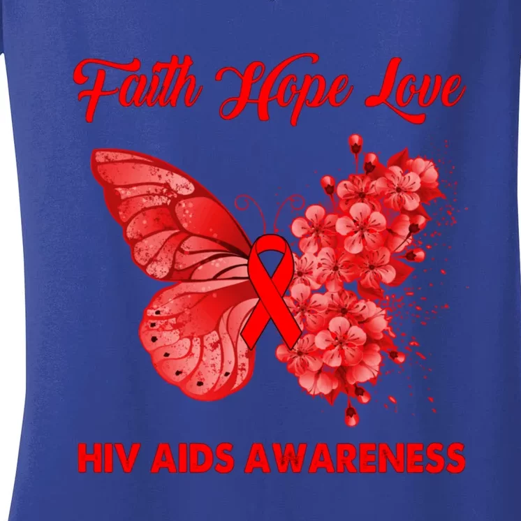 Butterfly Faith Hope Love Red Ribbon Hiv Aids Day Warrior Gift Women's V-Neck T-Shirt