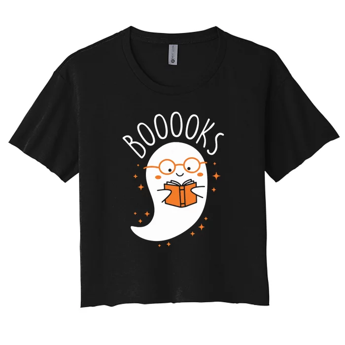 Booooks Funny Halloween Teacher Book Library Reading Women's Crop Top Tee