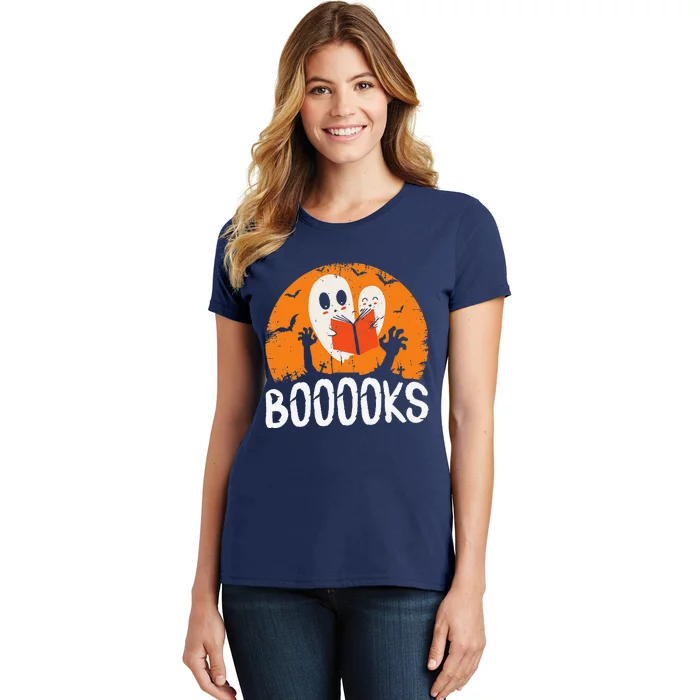 Boooks Funny Halloween Ghost Bookworm Spooky Season Reading Women's T-Shirt