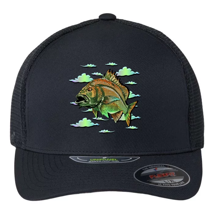 Bass Fishing Illustration River Hook Flexfit Unipanel Trucker Cap