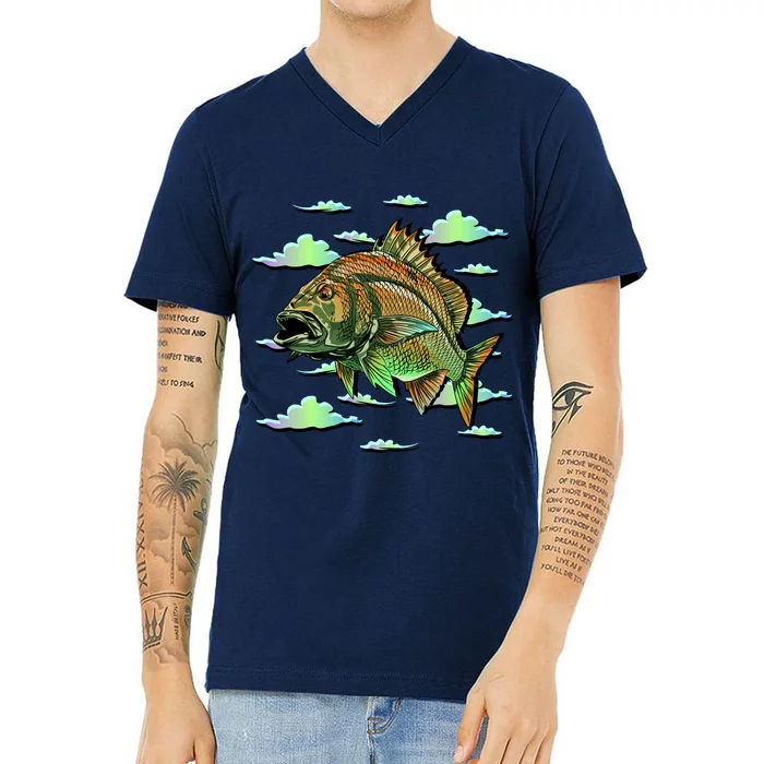 Bass Fishing Illustration River Hook V-Neck T-Shirt