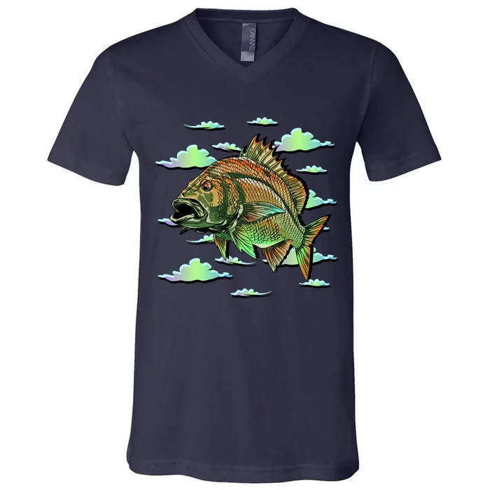 Bass Fishing Illustration River Hook V-Neck T-Shirt