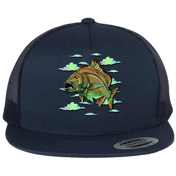 Bass Fishing Illustration River Hook Flat Bill Trucker Hat