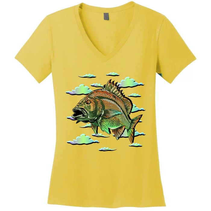 Bass Fishing Illustration River Hook Women's V-Neck T-Shirt