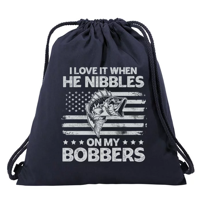 Bass Fishing I Love It When He Nibbles On My Bobber Usa Flag Gift Drawstring Bag