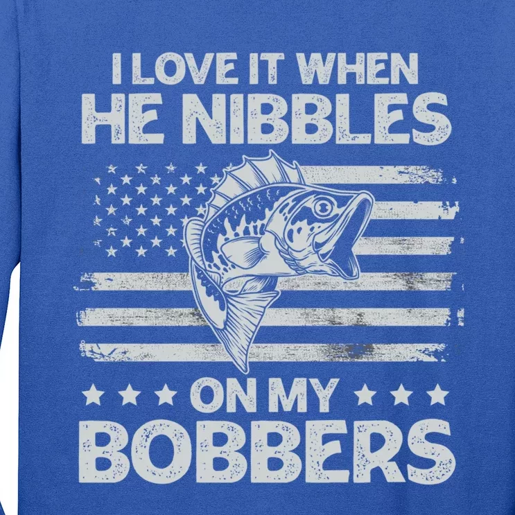 Bass Fishing I Love It When He Nibbles On My Bobber Usa Flag Gift Long Sleeve Shirt