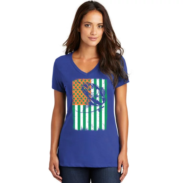 Bass Fishing Irish American Flag St Patrick's Day Fisher Meaningful Gift Women's V-Neck T-Shirt