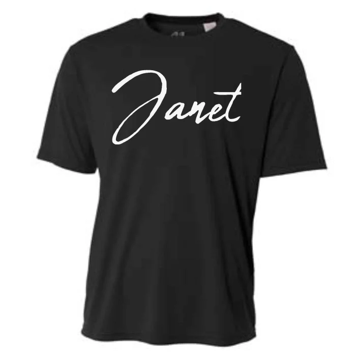 Beautiful Feminine Janet Handwritten Font Cooling Performance Crew T-Shirt