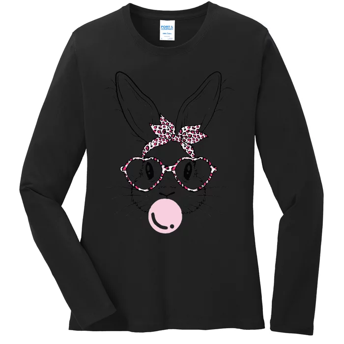 Bunny Face Leopard Glasses Bubble Gum Easter Day Ladies Long Sleeve Shirt