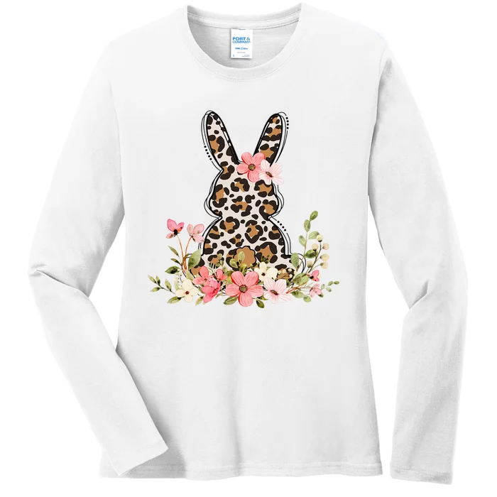 Bunny Floral Leopard Cute Easter Day Outfit Ladies Long Sleeve Shirt