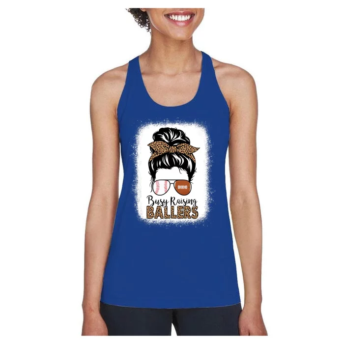 Baseball Football Mom Messy Bun Busy Raising Ballers Leopard Gift Women's Racerback Tank