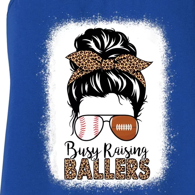 Baseball Football Mom Messy Bun Busy Raising Ballers Leopard Gift Women's Racerback Tank