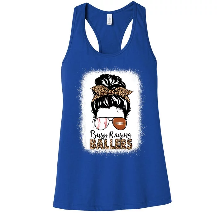 Baseball Football Mom Messy Bun Busy Raising Ballers Leopard Gift Women's Racerback Tank