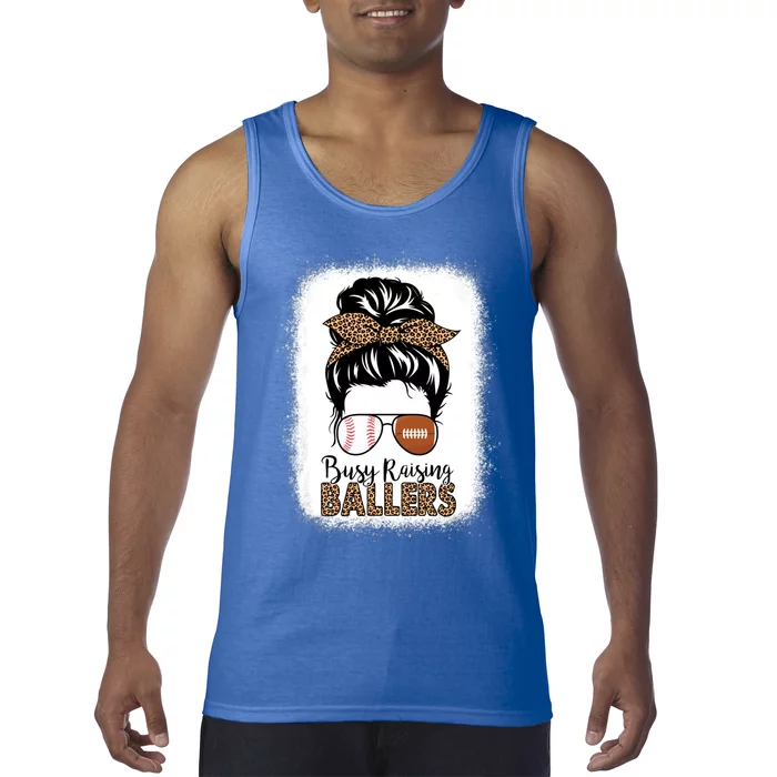 Baseball Football Mom Messy Bun Busy Raising Ballers Leopard Gift Tank Top