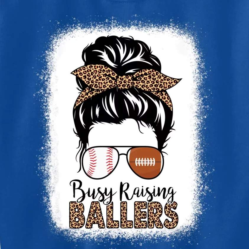 Baseball Football Mom Messy Bun Busy Raising Ballers Leopard Gift Kids Sweatshirt