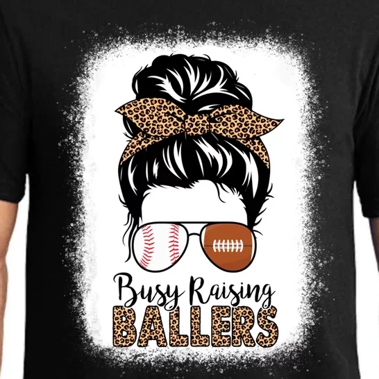 Baseball Football Mom Messy Bun Busy Raising Ballers Leopard Gift Pajama Set