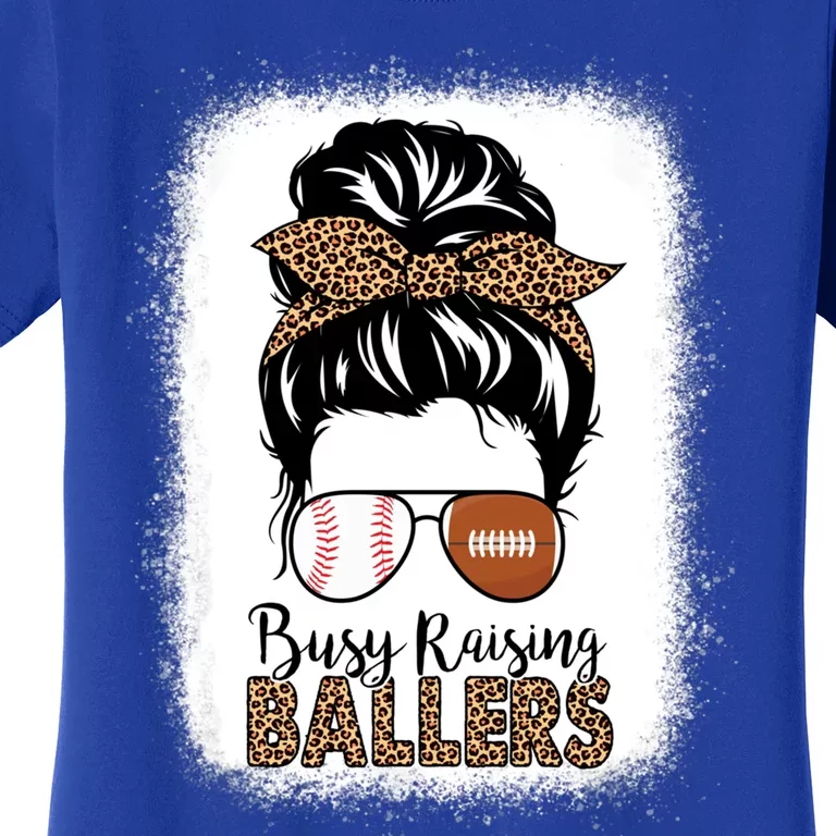 Baseball Football Mom Messy Bun Busy Raising Ballers Leopard Gift Women's T-Shirt